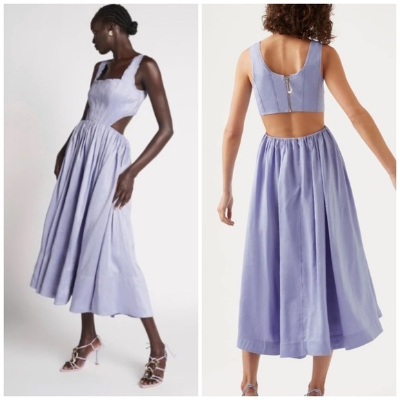 Aje Virginie Square Neck Cut Out Linen Blend Midi Dress Purple Casual Cocktail - Picture 1 of 11